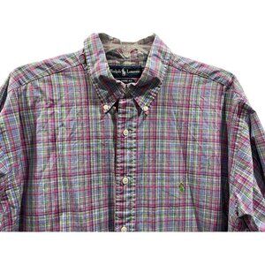 Ralph Lauren Button Down Shirt Pink Blue Plaid Long Sleeve Top Logo Men 17 XL